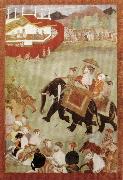 unknow artist Shah Jahan Riding on an Elephant Accompanied by His Son Dara Shukoh Mughal oil on canvas